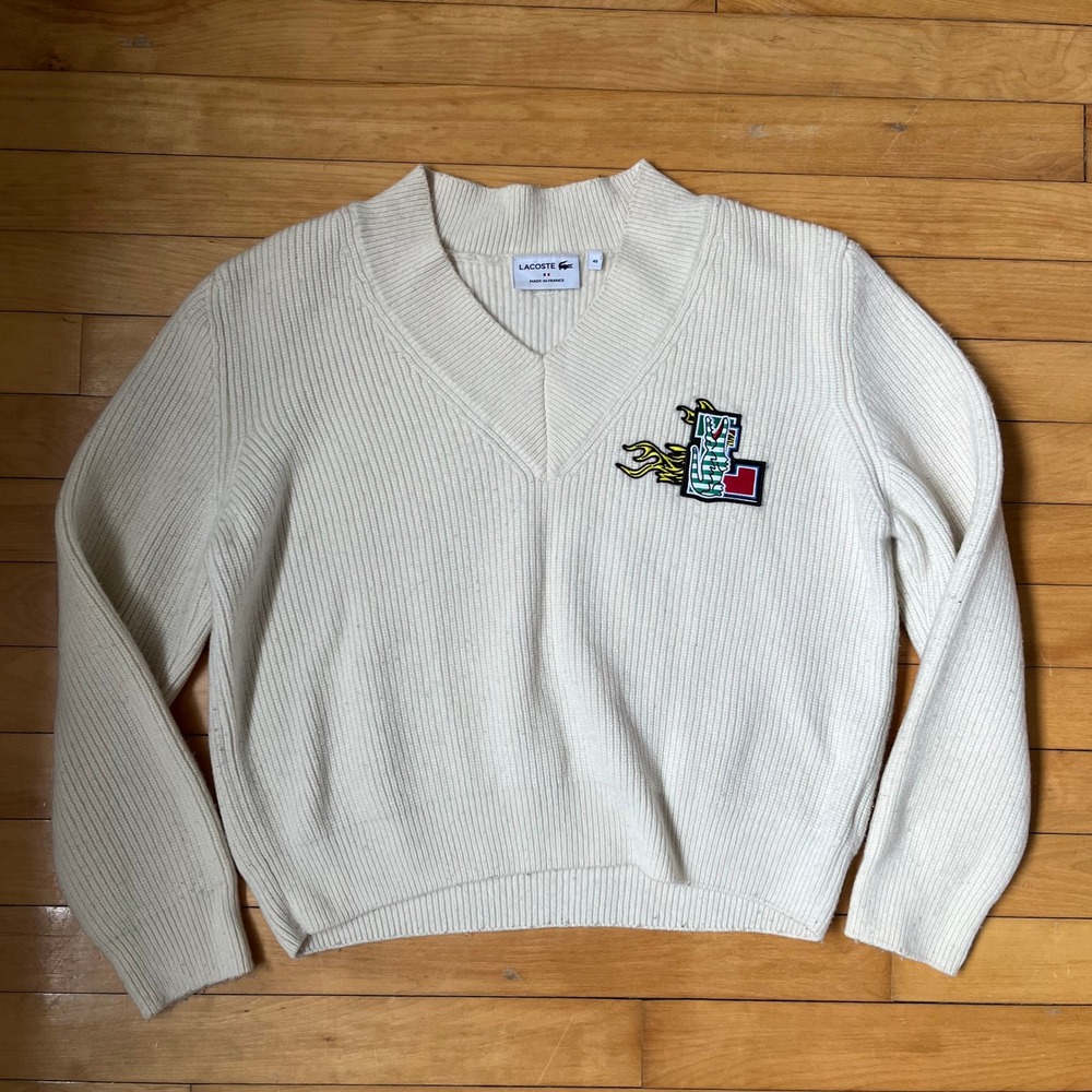 Lacoste Made in France Cream Ribbed V-Neck Sweater Flame Crocodile Patch Mens 40